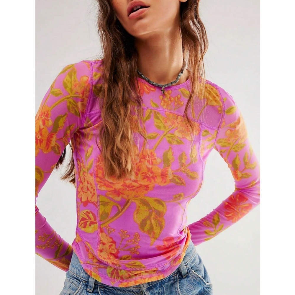 Pink Floral Sheer Mesh Fitted Long Sleeve Tee Shirt